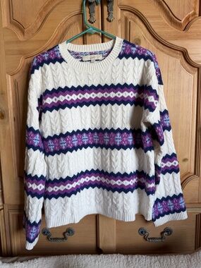 LOFT Cream Cable Knit Sweater with Purple & Navy Fair Isle Accents
